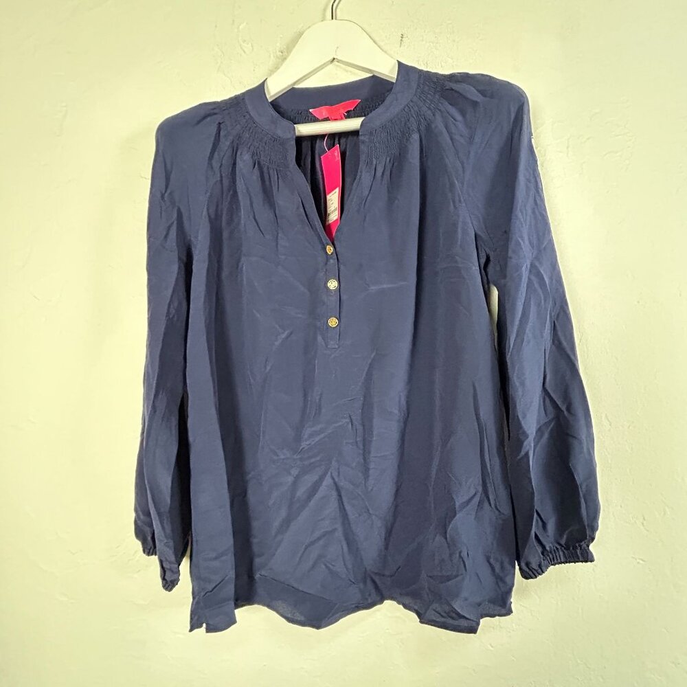Lilly Pulitzer Womens Navy Blue 100% Silk Long Sleeve Blouse Top Small New $158